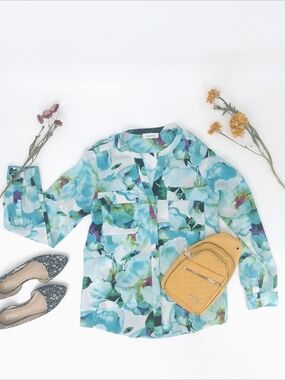 ✨ Calvin Klein Teal Watercolor Floral Button Front Utility Blouse Medium M ✨